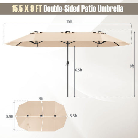 Sombrilla de patio extragrande de 15.5 FT con luces solares LED y manivela