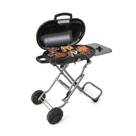 Parrilla de propano portátil para barbacoa de 15000 BTU con ruedas y estante lateral - Negro