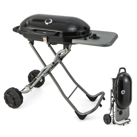 Parrilla de propano portátil para barbacoa de 15000 BTU con ruedas y estante lateral - Negro