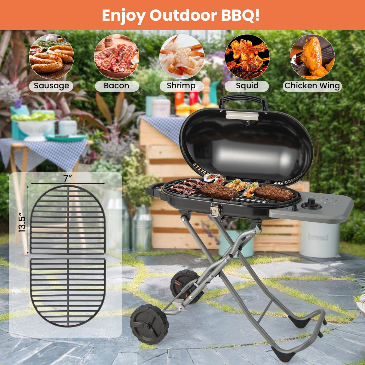 Parrilla de propano portátil para barbacoa de 15000 BTU con ruedas y estante lateral - Negro