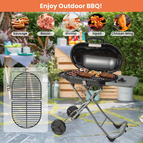 Parrilla de propano portátil para barbacoa de 15000 BTU con ruedas y estante lateral - Negro