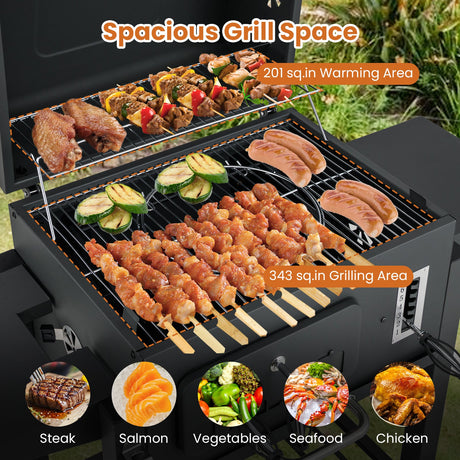 Parrilla de carbón tipo barril de 24 pulgadas con 2 mesas laterales plegables y 3509 cm² de área de cocción