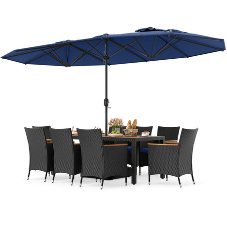 Juego de comedor para patio de 10 piezas con sombrilla doble de 4.5 metros