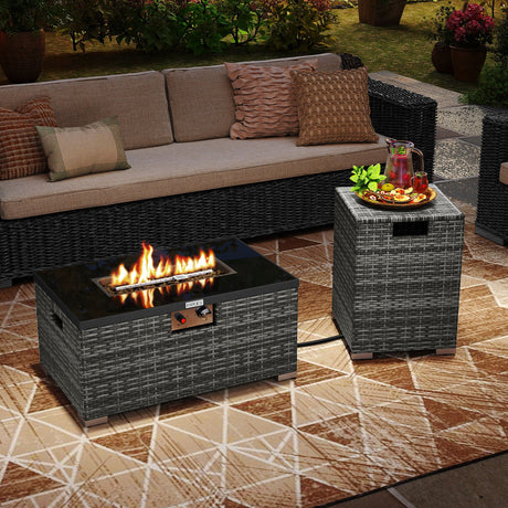 Juego de 2 piezas de mesa de fuego de ratán para exterior, fogón de gas rectangular de 32 pulgadas con cubierta para el tanque