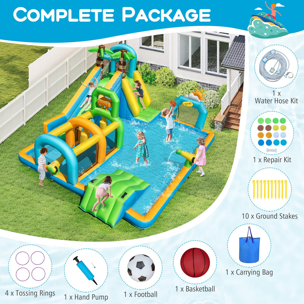 Tobogán Hinchable de Agua Temática Tropical con Doble Rampa, Parque Acuático, Excluye Soplador