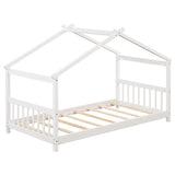 Paquete de 3 piezas para habitación infantil: cama individual de madera con forma de casa + juego de mesa y sillas infantiles + estantería infantil de 2 niveles