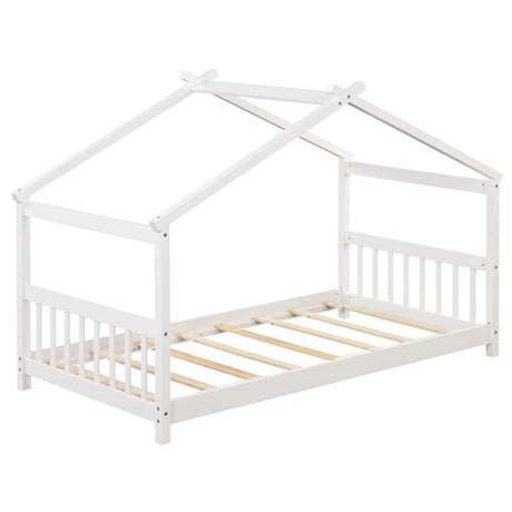 Paquete de 3 piezas para habitación infantil: cama individual de madera con forma de casa + juego de mesa y sillas infantiles + estantería infantil de 2 niveles