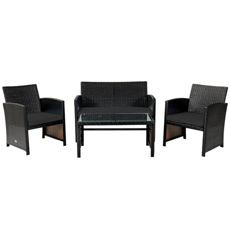 Juego de muebles de patio de ratán acolchado de 4 piezas con mesa de centro - Negro