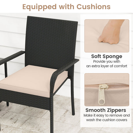 Juego de muebles de patio de 3 piezas con cojines de asiento y mesa con cubierta de vidrio templado