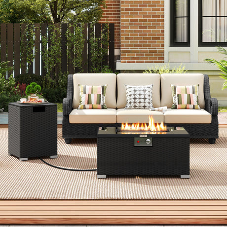 Juego de 2 piezas de mesa de fuego de ratán para exterior, fogón de gas rectangular de 32 pulgadas con cubierta para el tanque