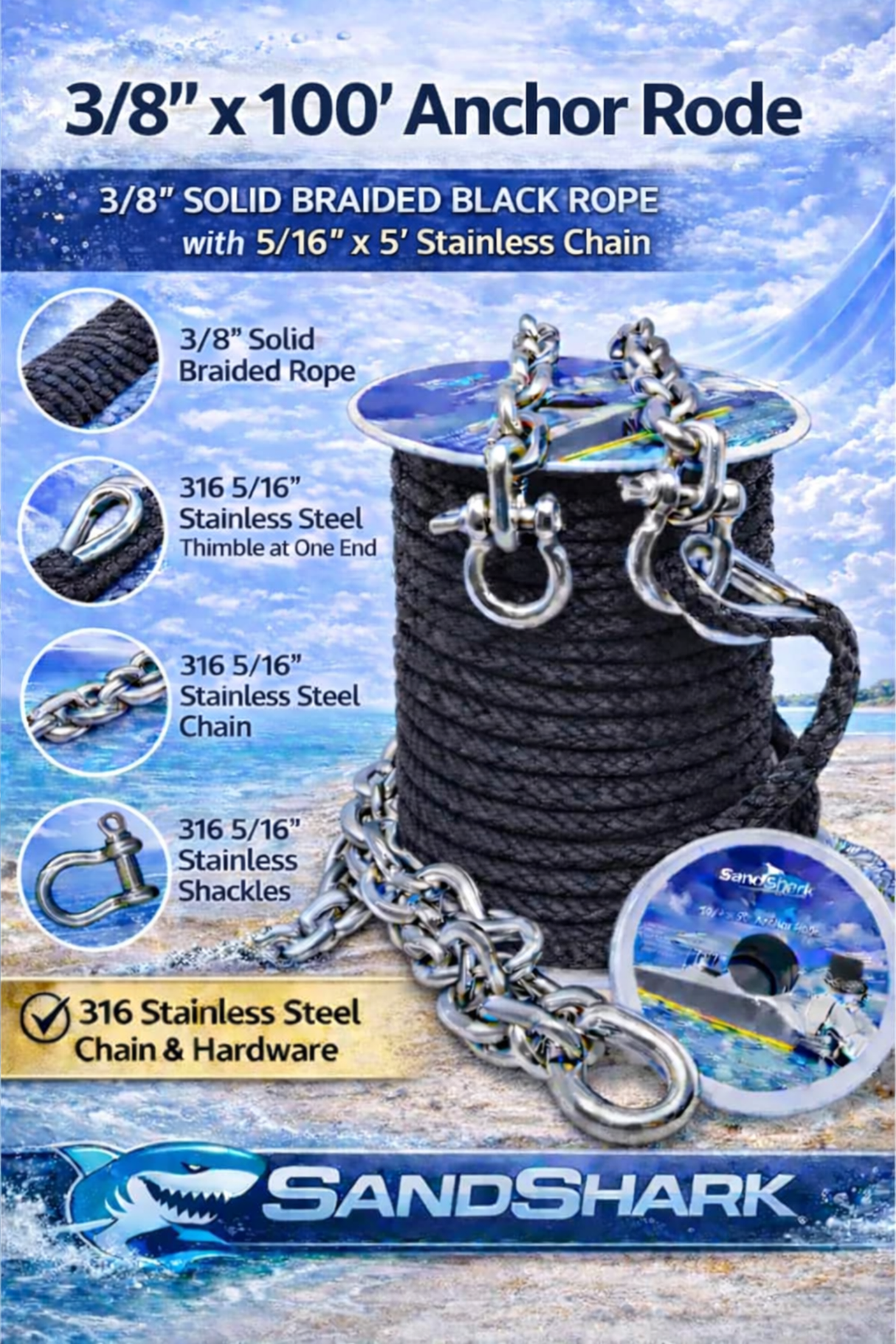 SandShark 100 pies de Cabo de Ancla de Trenzado Sólido de 3/8, 5 pies de Cadena de Ancla de Acero Inoxidable, Paquete Todo en Uno de Cabo y Cadena, Funciona con Todas las Anclas