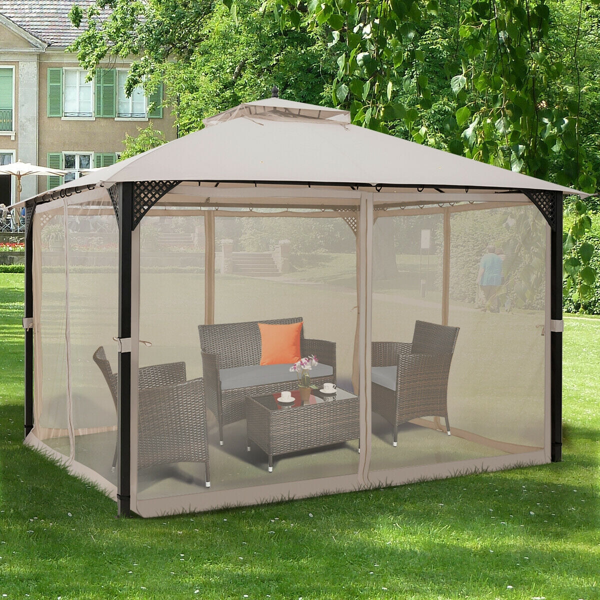 Cenador de patio con doble techo y mosquitero de 12 x 10 pies para exteriores - Marrón