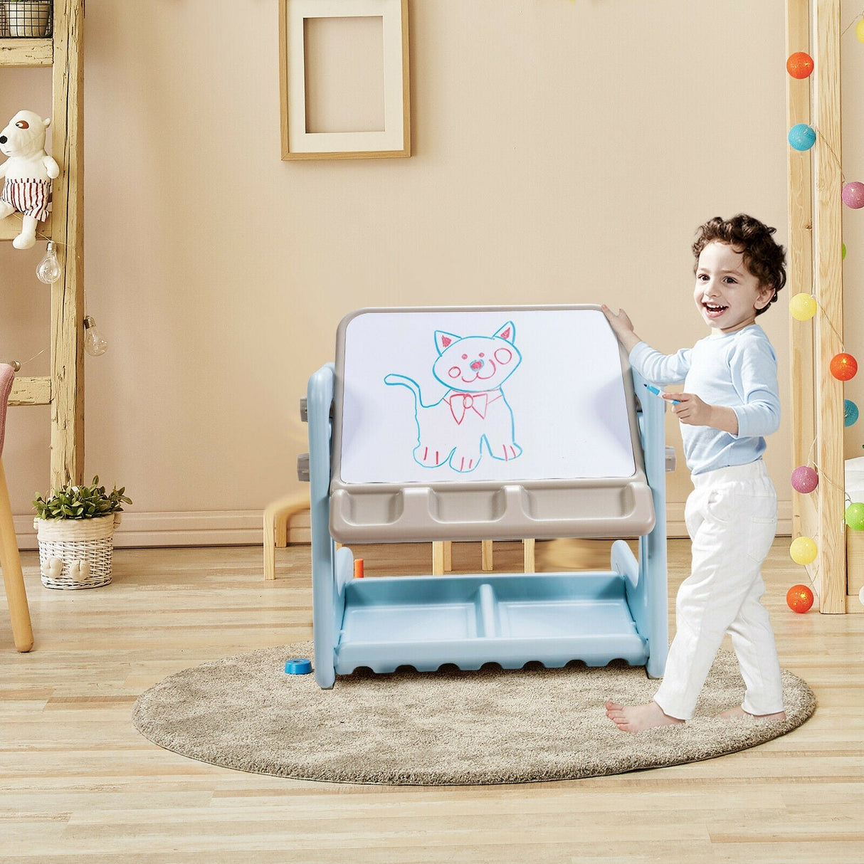Set de mesa y silla para niños 2 en 1 con caballete y tablero de pintura artística ajustable