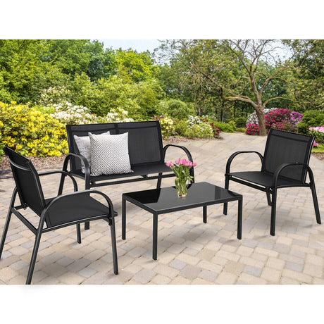 Juego de Muebles de Patio de 4 Piezas con Mesa de Centro con Cubierta de Vidrio