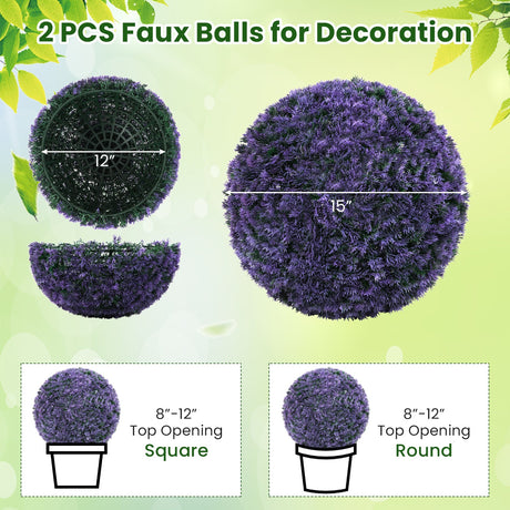 Bolas de boj artificiales redondas de 15 pulgadas, juego de 2, para interiores y exteriores - Morado