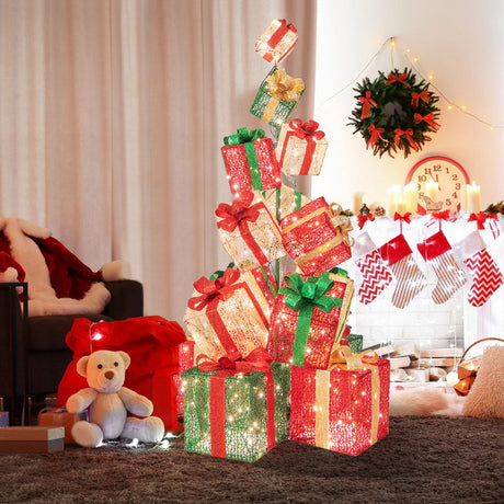 Torre de 15 cajas de regalo de Navidad apiladas con luces y 450 luces LED blancas cálidas