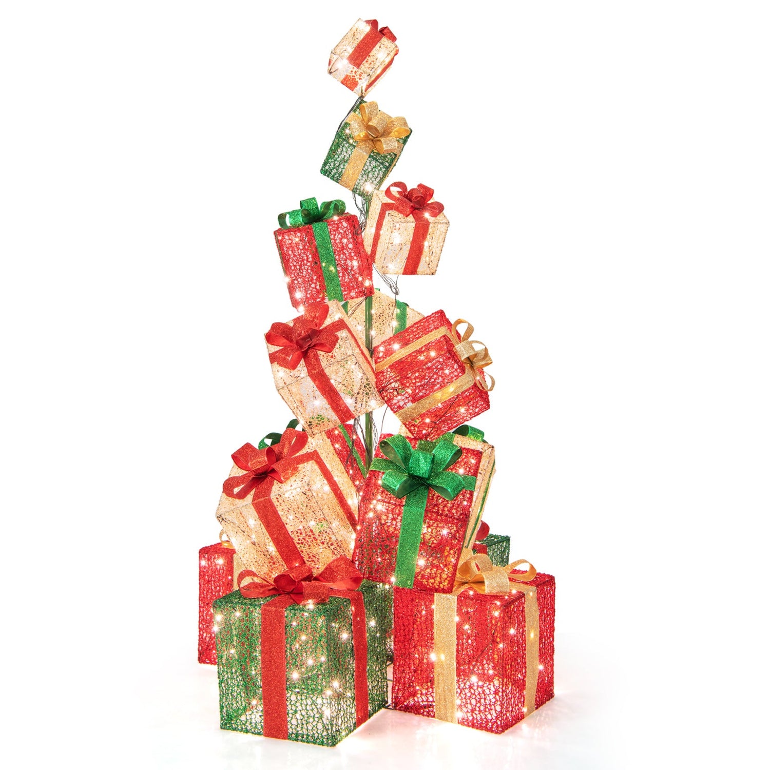 Torre de 15 cajas de regalo de Navidad apiladas con luces y 450 luces LED blancas cálidas