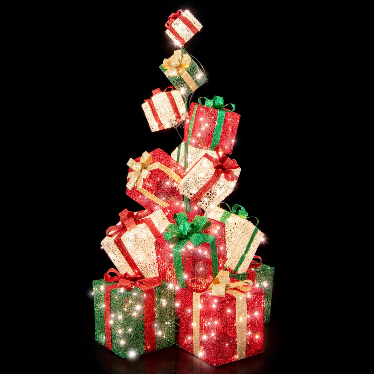 Torre de 15 cajas de regalo de Navidad apiladas con luces y 450 luces LED blancas cálidas