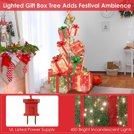 Torre de 15 cajas de regalo de Navidad apiladas con luces y 450 luces LED blancas cálidas