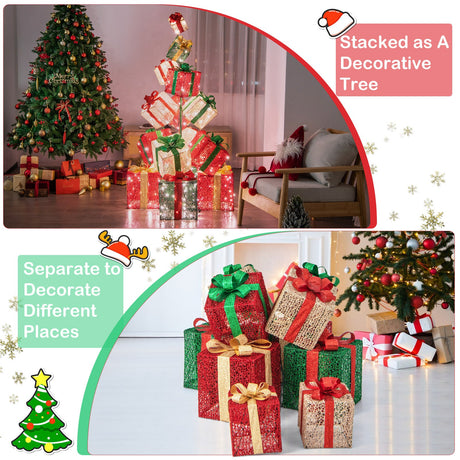 Torre de 15 cajas de regalo de Navidad apiladas con luces y 450 luces LED blancas cálidas