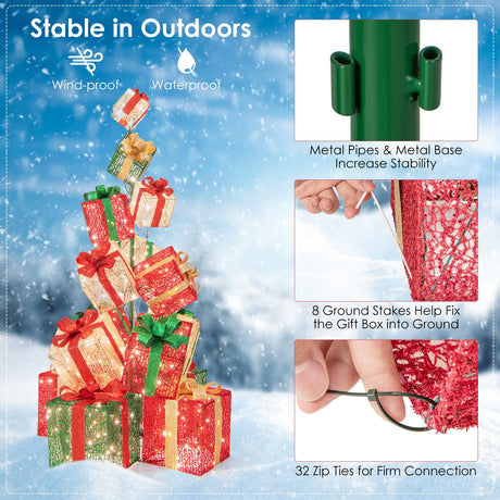 Torre de 15 cajas de regalo de Navidad apiladas con luces y 450 luces LED blancas cálidas
