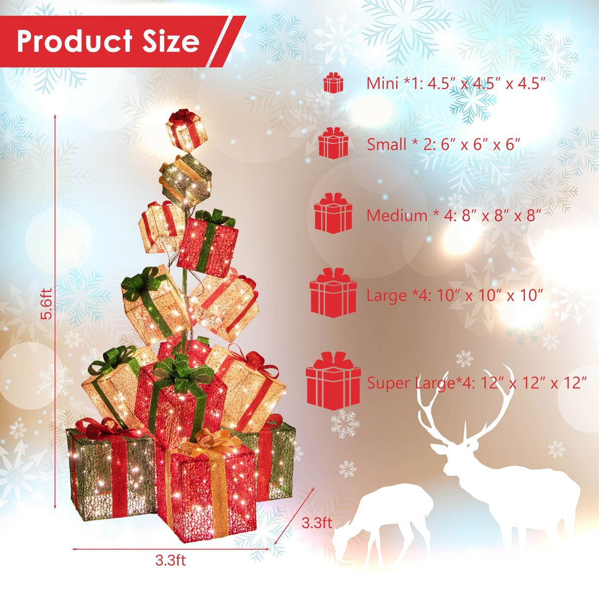 Torre de 15 cajas de regalo de Navidad apiladas con luces y 450 luces LED blancas cálidas