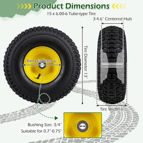 Neumáticos y ruedas de 15 x 6.00-6 con cámara, paquete de 2, 4 capas, amarillos