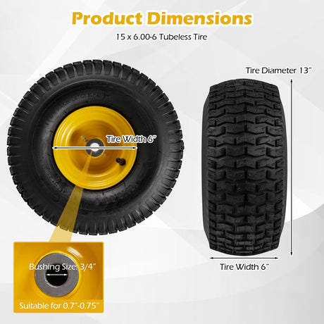 Neumáticos y ruedas sin cámara de 15 x 6.00-6 Paquete de 2 neumáticos de 4 PR - Amarillo