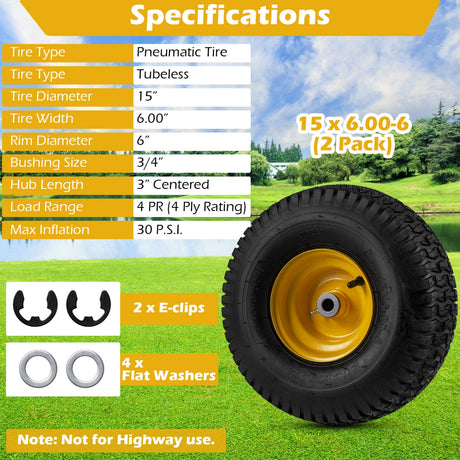 Neumáticos y ruedas sin cámara de 15 x 6.00-6 Paquete de 2 neumáticos de 4 PR - Amarillo