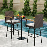 Set of 2 Outdoor 360¬∞ Swivel Bar Stool with Cushion and Acacia Wood Armrests