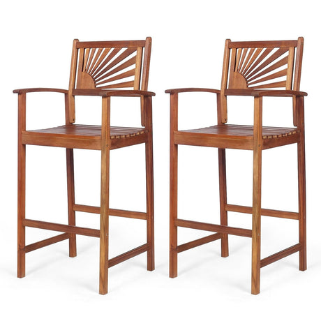 2 sillas de bar de madera de acacia para exterior con respaldo de girasol y reposabrazos