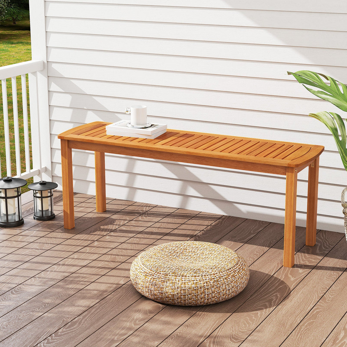 Juego de 2 bancos de exterior de madera de acacia con asiento de listones para jardín