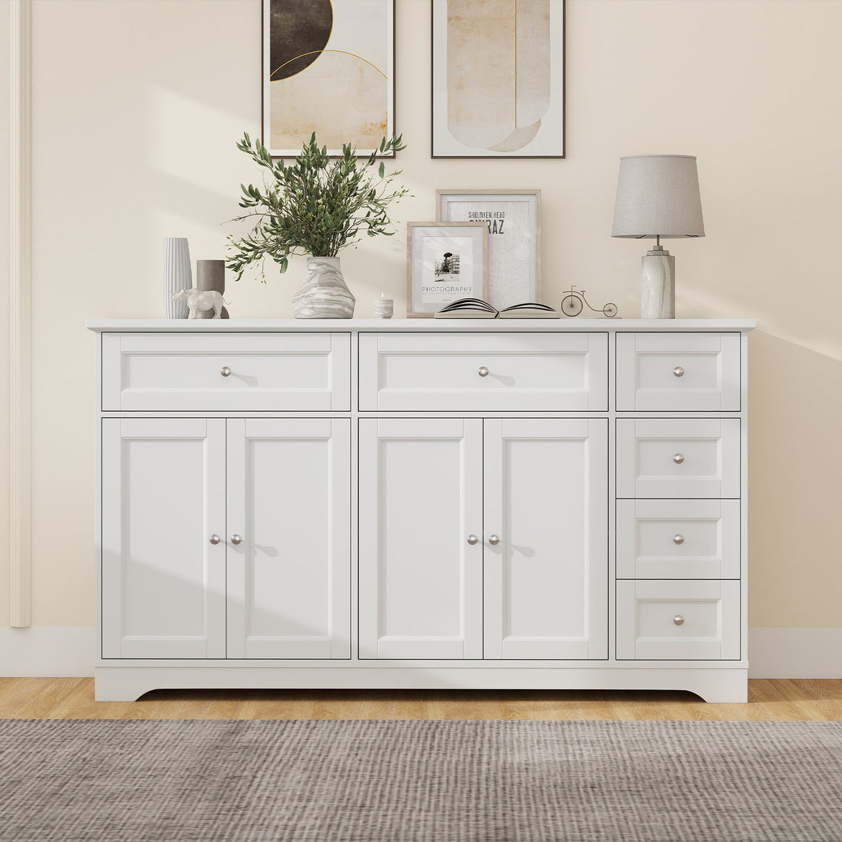 Aparador de bufé de 59" con barra de café moderna y mesa consola - Blanco