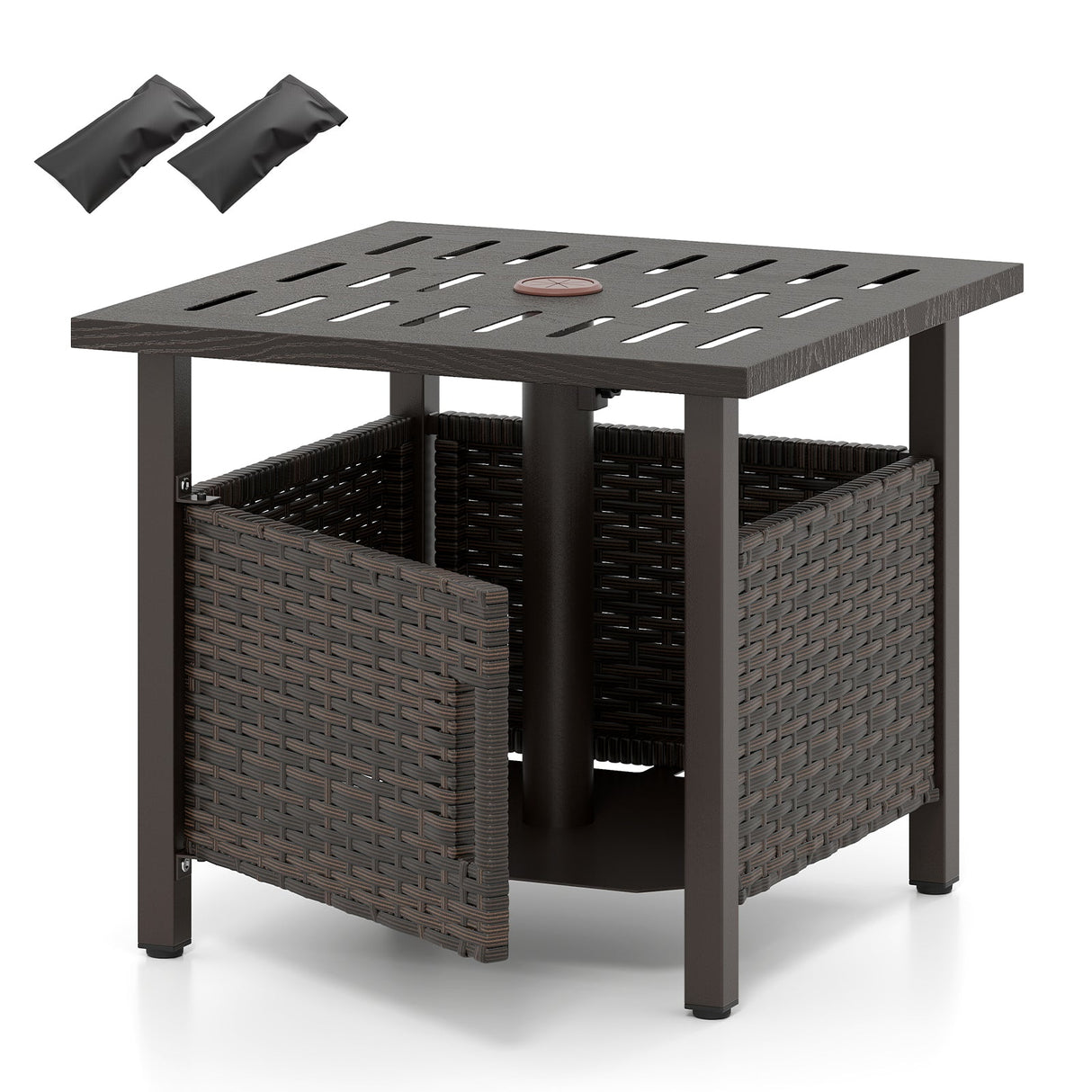 Mesa auxiliar de exterior con agujero para sombrilla de 4.9 cm, de mimbre PE, para patio, para todo tipo de clima - Marrón
