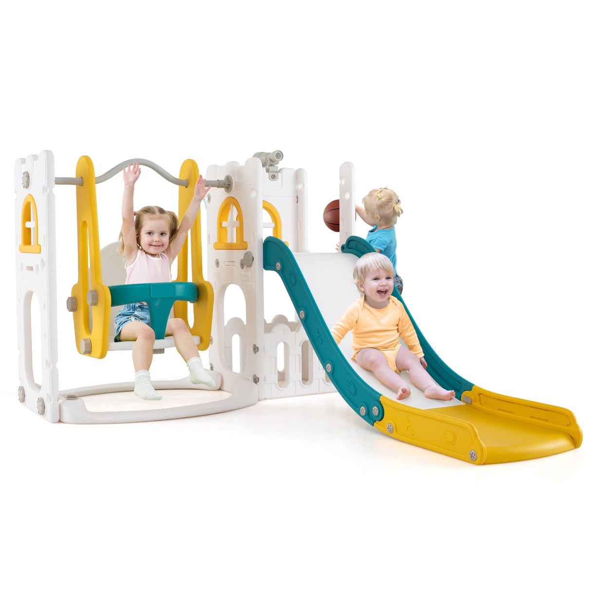 Columpio y tobogán para niños pequeños 7 en 1, en forma de L, con escalera y canasta de baloncesto