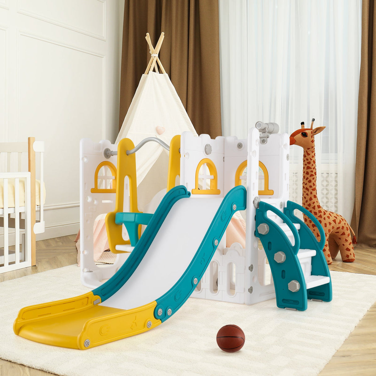 Columpio y tobogán para niños pequeños 7 en 1, en forma de L, con escalera y canasta de baloncesto