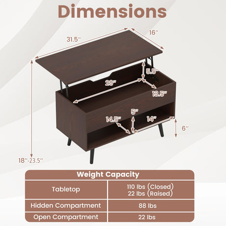 Mesa de centro elevable de 31.5 pulgadas con almacenamiento oculto y 2 estantes abiertos