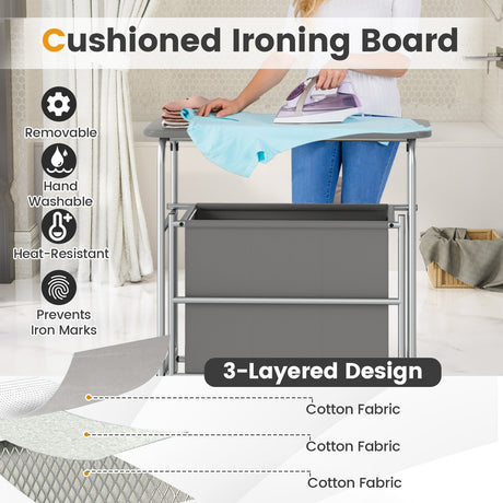 Clasificador de ropa de 3 secciones con tabla de planchar plegable y ruedas con bloqueo - Gris