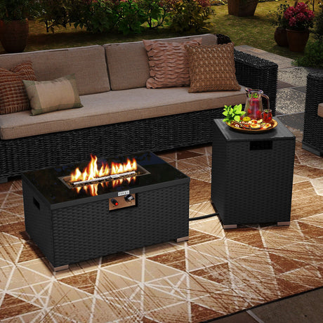 Juego de 2 piezas de mesa de fuego de ratán para exterior, fogón de gas rectangular de 32 pulgadas con cubierta para el tanque