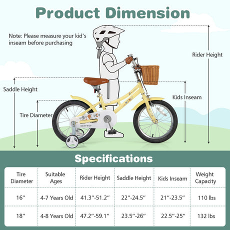 18 Inch Kids Bike Adjustable Bicycle with Reflectors and Bell for Children 4-8 Years Old-18 inches