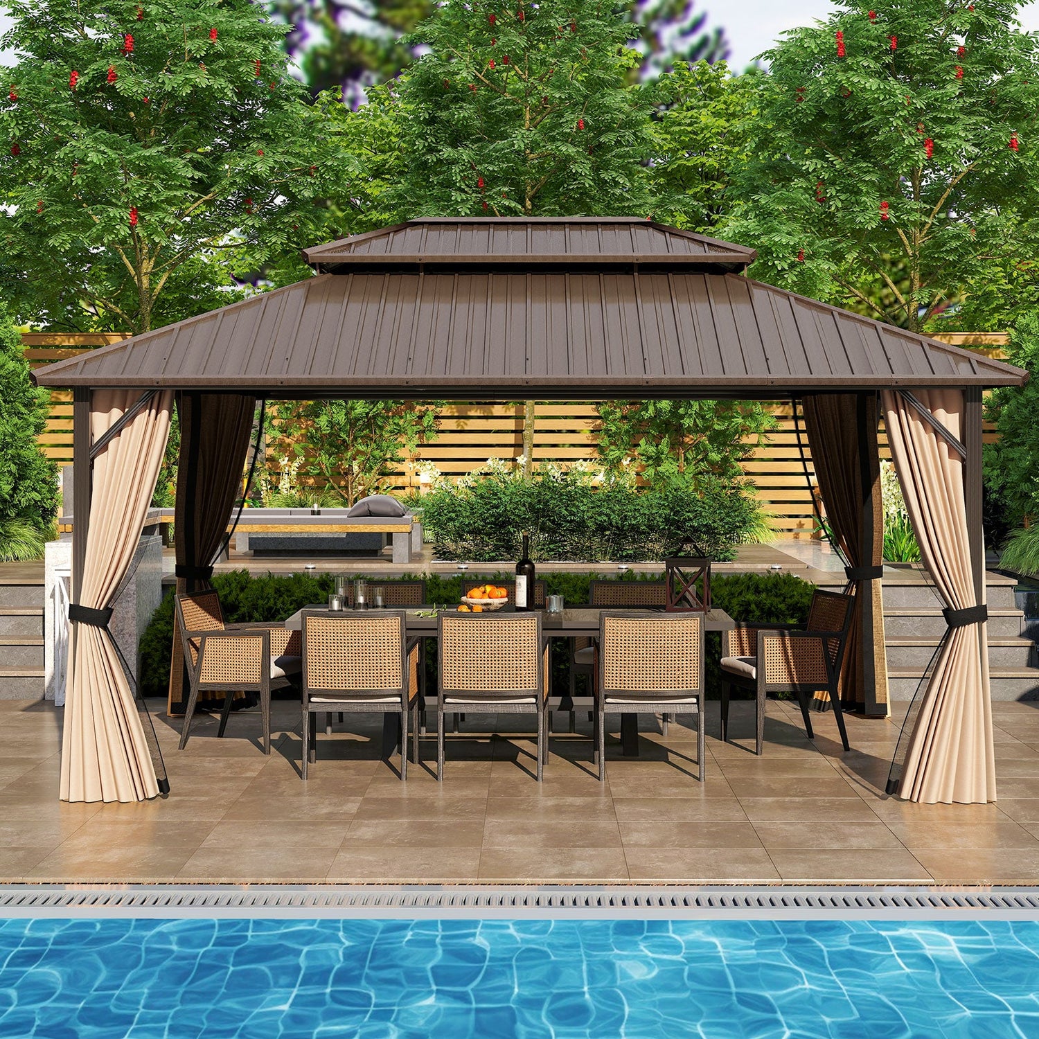 Cenador de techo rígido de 16 x 12 pies, pérgola exterior para patio, jardín, terraza, césped, tienda de campaña para fiestas - Café