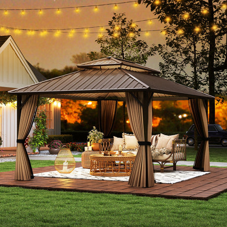 Cenador de techo rígido de 16 x 12 pies, pérgola exterior para patio, jardín, terraza, césped, tienda de campaña para fiestas - Café