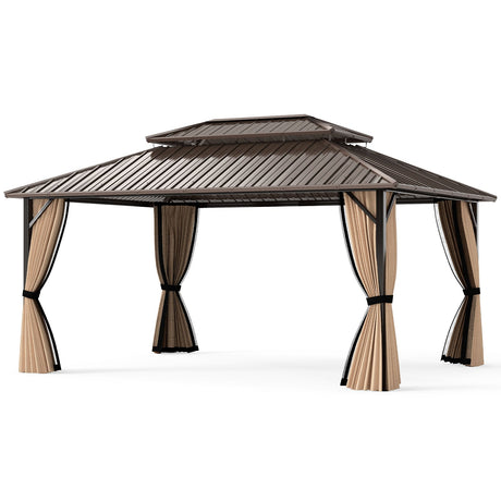 Cenador de techo rígido de 16 x 12 pies, pérgola exterior para patio, jardín, terraza, césped, tienda de campaña para fiestas - Café
