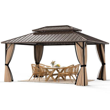 Cenador de techo rígido de 16 x 12 pies, pérgola exterior para patio, jardín, terraza, césped, tienda de campaña para fiestas - Café