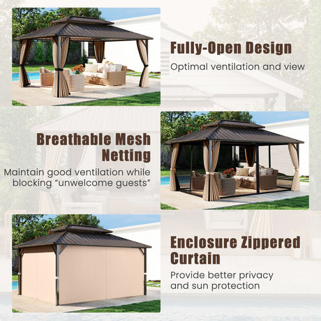 Cenador de techo rígido de 16 x 12 pies, pérgola exterior para patio, jardín, terraza, césped, tienda de campaña para fiestas - Café