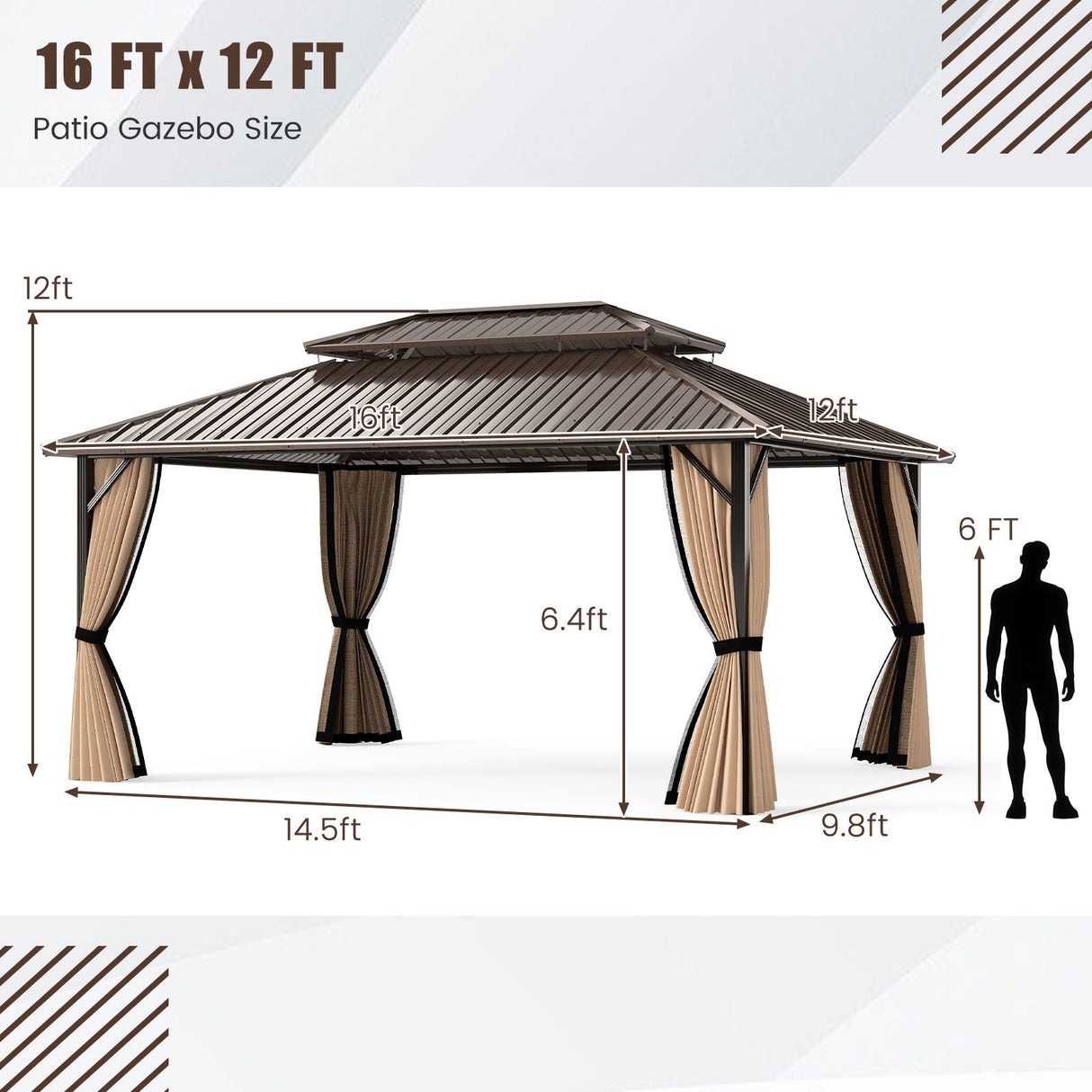 Cenador de techo rígido de 16 x 12 pies, pérgola exterior para patio, jardín, terraza, césped, tienda de campaña para fiestas - Café