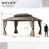 Cenador de techo rígido de 16 x 12 pies, pérgola exterior para patio, jardín, terraza, césped, tienda de campaña para fiestas - Café