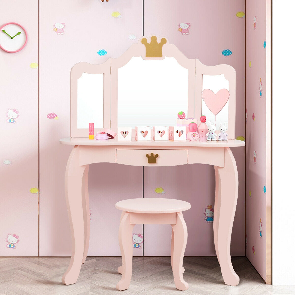 Tocador de Maquillaje para Niñas con Espejo Triple y Taburete