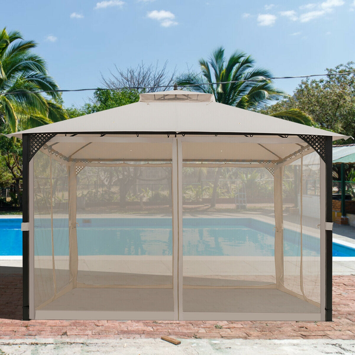 Cenador de patio con doble techo y mosquitero de 12 x 10 pies para exteriores - Marrón