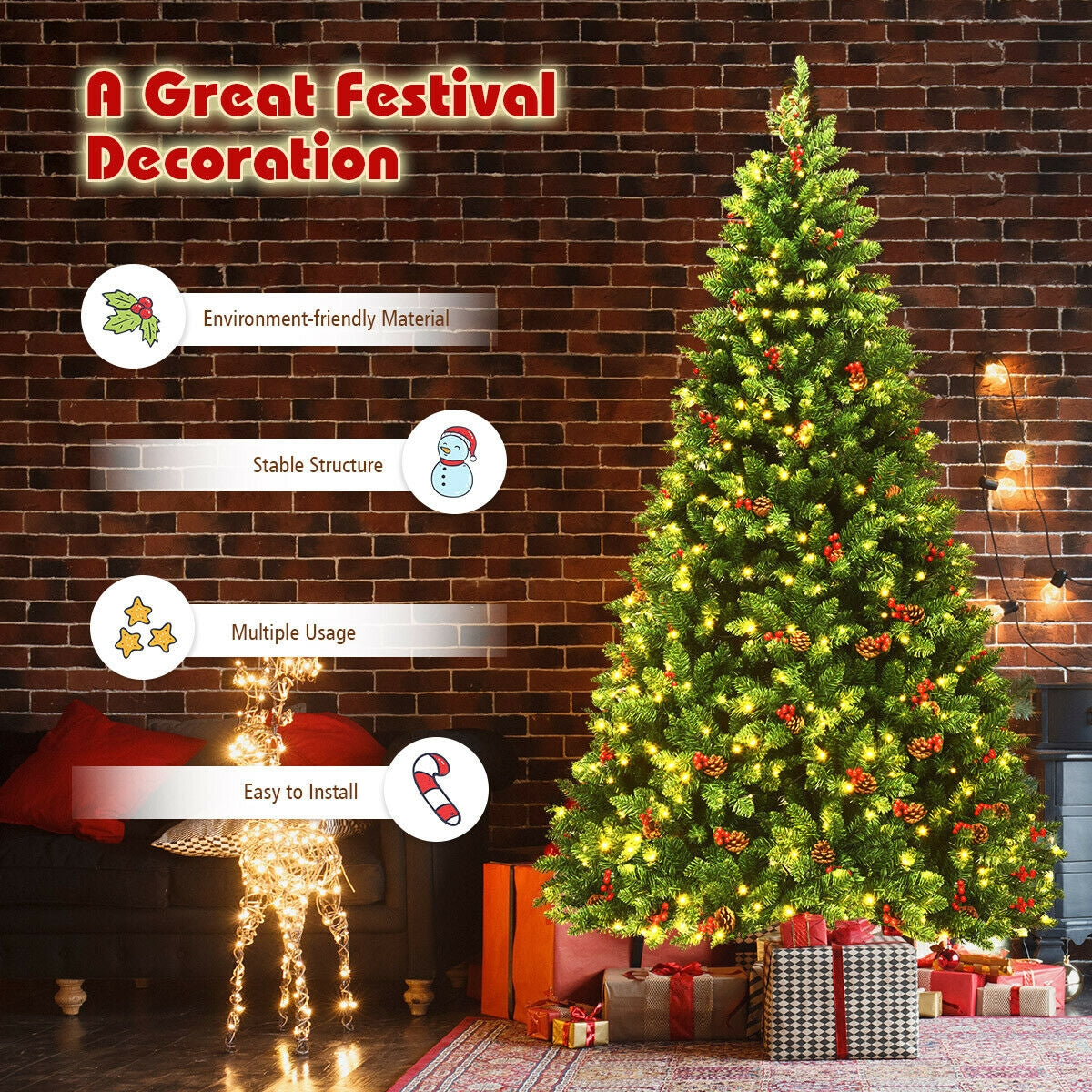 Árbol de Navidad Preiluminado con Bisagras de 2,29 m con 550 Luces LED y Soporte de Metal Robusto